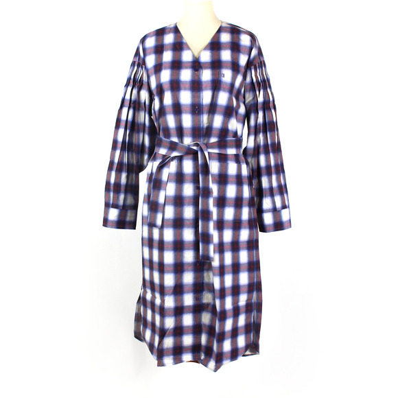 pushButton Plaid Shirt Dress Navy Red Cotton Button Up Belted V Neck Size M - Picture 1 of 7